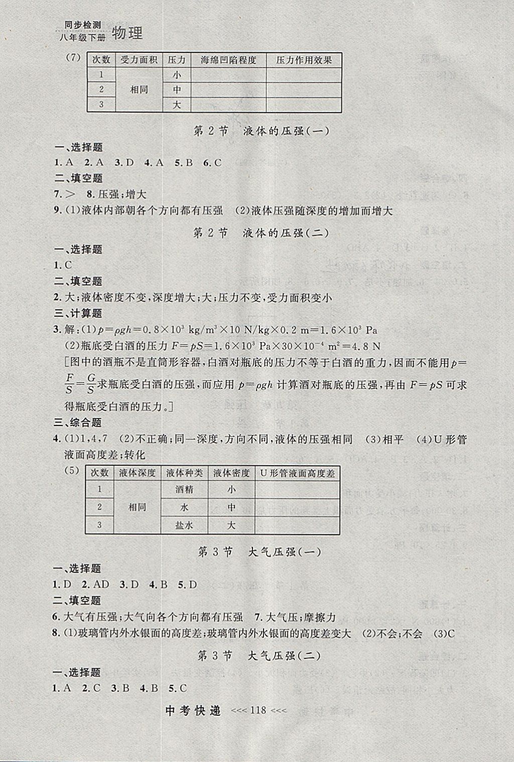 2018年中考快遞同步檢測(cè)八年級(jí)物理下冊(cè)人教版大連專用 參考答案第6頁(yè)