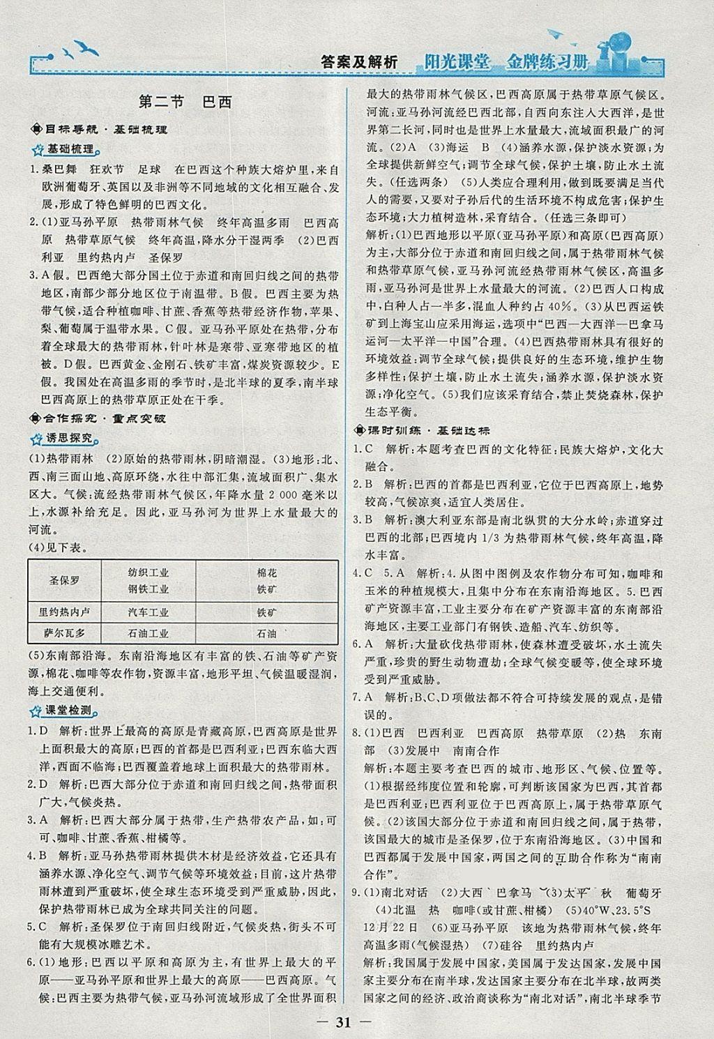 2018年阳光课堂金牌练习册七年级地理下册人教版 参考答案第11页