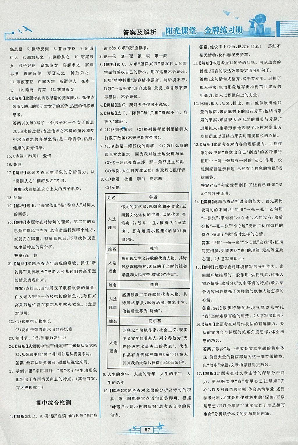 2018年陽光課堂金牌練習(xí)冊九年級語文下冊人教版福建專版 參考答案第15頁