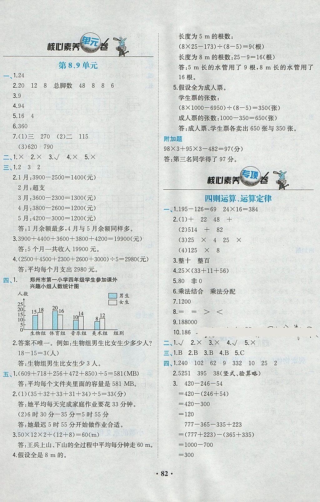 2018年课时练核心素养卷四年级数学下册 参考答案第6页