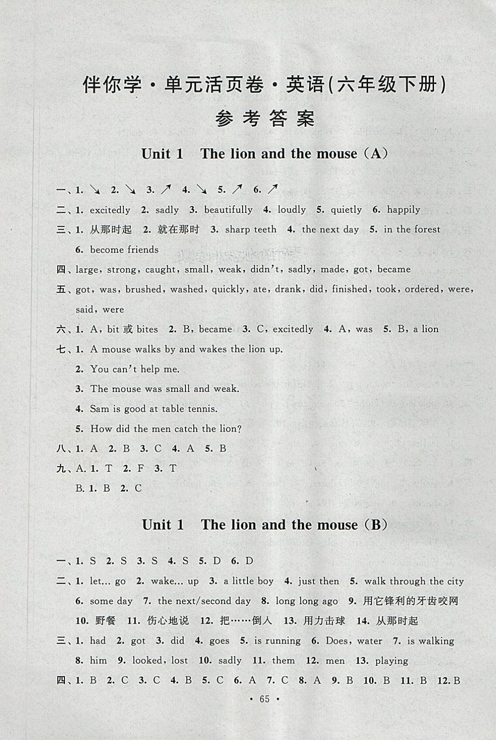 2018年伴你学单元活页卷六年级英语下册 参考答案第1页