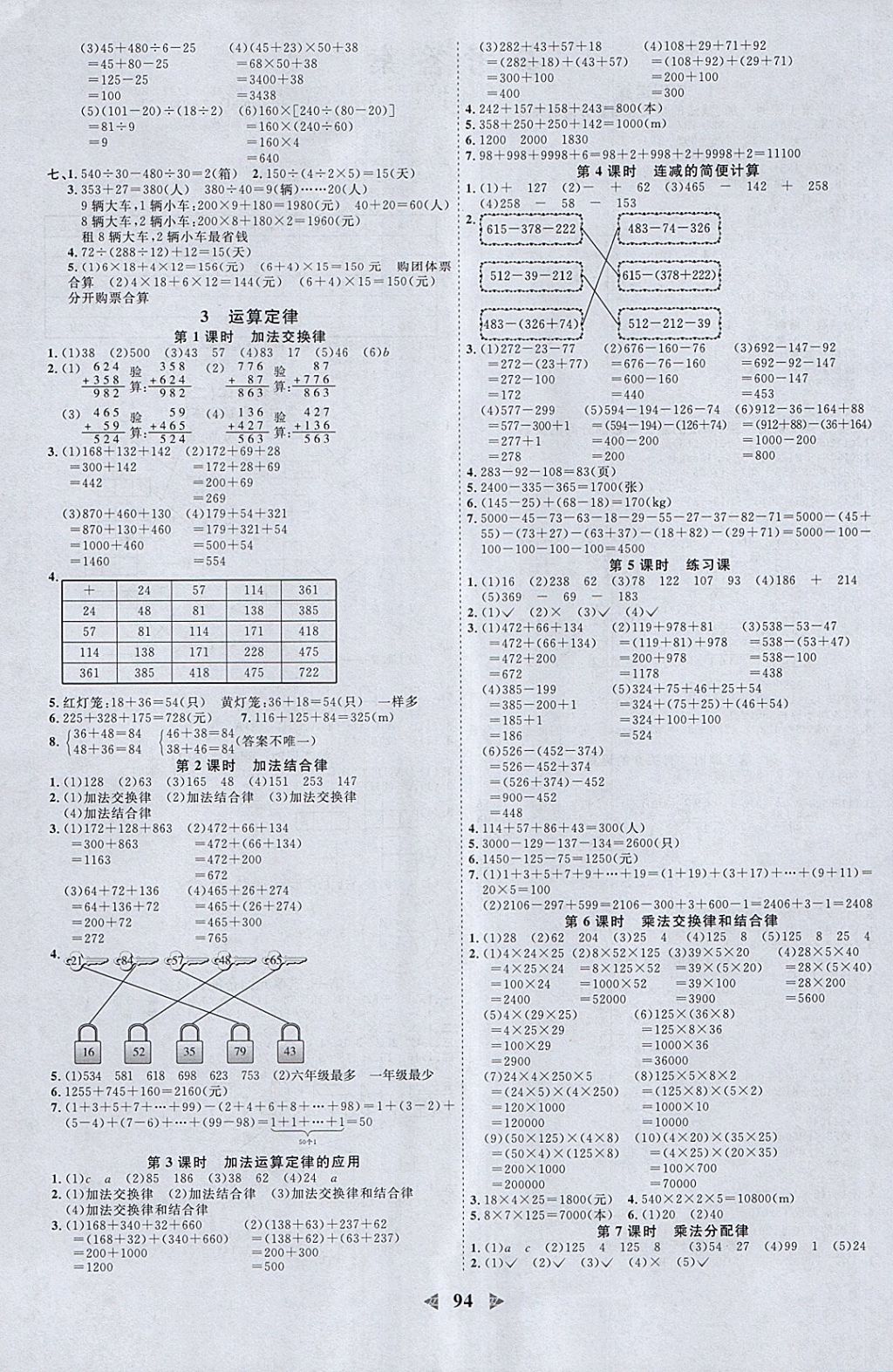 2018年阳光同学课时优化作业四年级数学下册人教版浙江专版 参考答案第2页