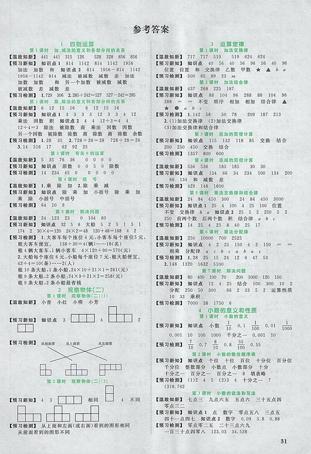 2018年陽光同學課時優(yōu)化作業(yè)四年級數(shù)學下冊人教版浙江專版 預習單答案第1頁