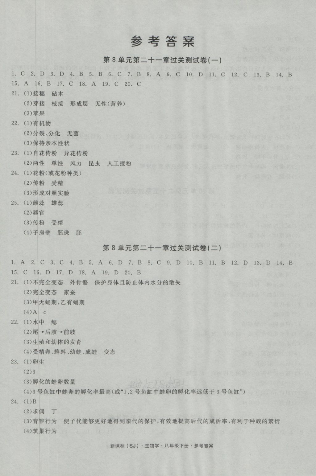 2018年全品小复习八年级生物学下册苏教版第1页参考答案