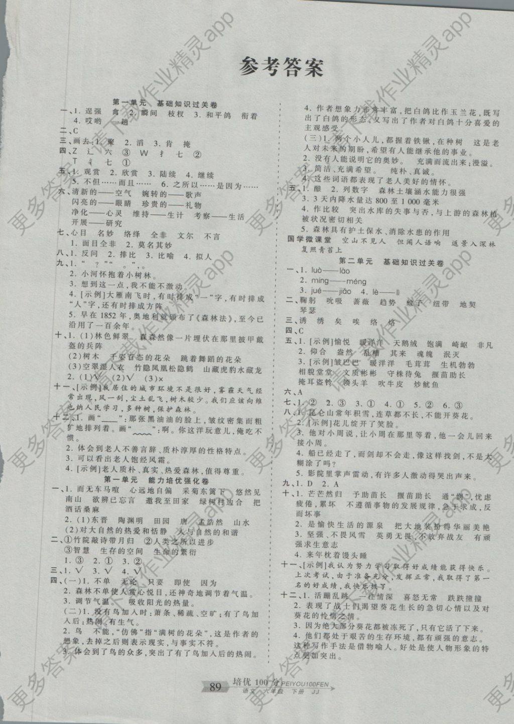 2018年王朝霞培优100分六年级语文下册冀教版