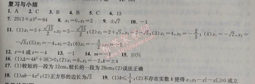 2014年长江作业本同步练习册九年级数学上册人教版 复习与小结