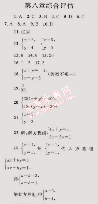 同步轻松练习七年级数学下册人教版 第八章综合评估