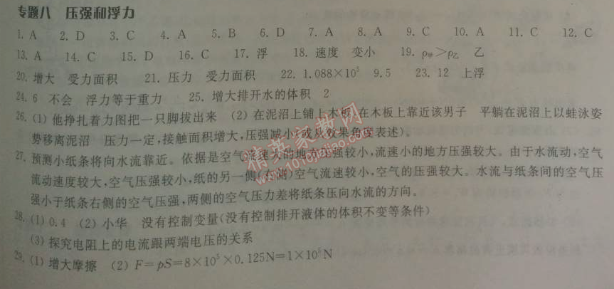 2014年长江作业本同步练习册九年级物理下册北师大版 专题八