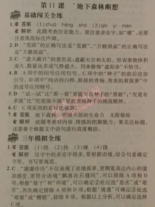 2014年5年中考3年模擬初中語文九年級(jí)下冊(cè)人教版 11、地下森林狂想（張抗抗）