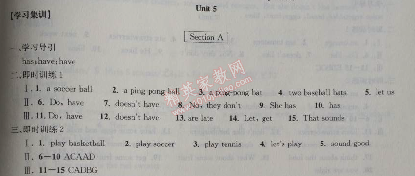 2014年长江作业本同步练习册七年级英语上册人教版 5单元
