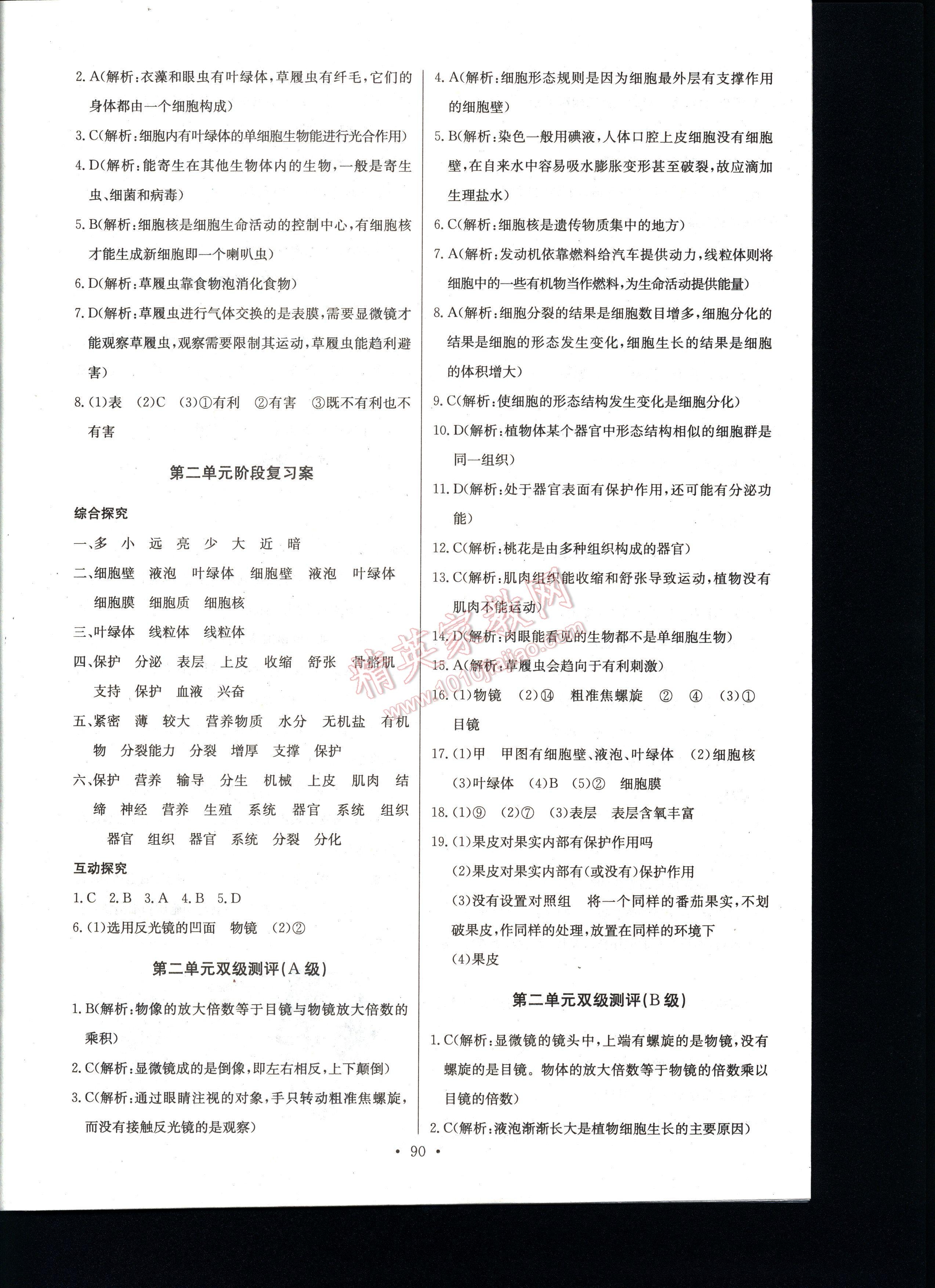 长江全能学案同步练习册生物学七年级上册人教版 第90页