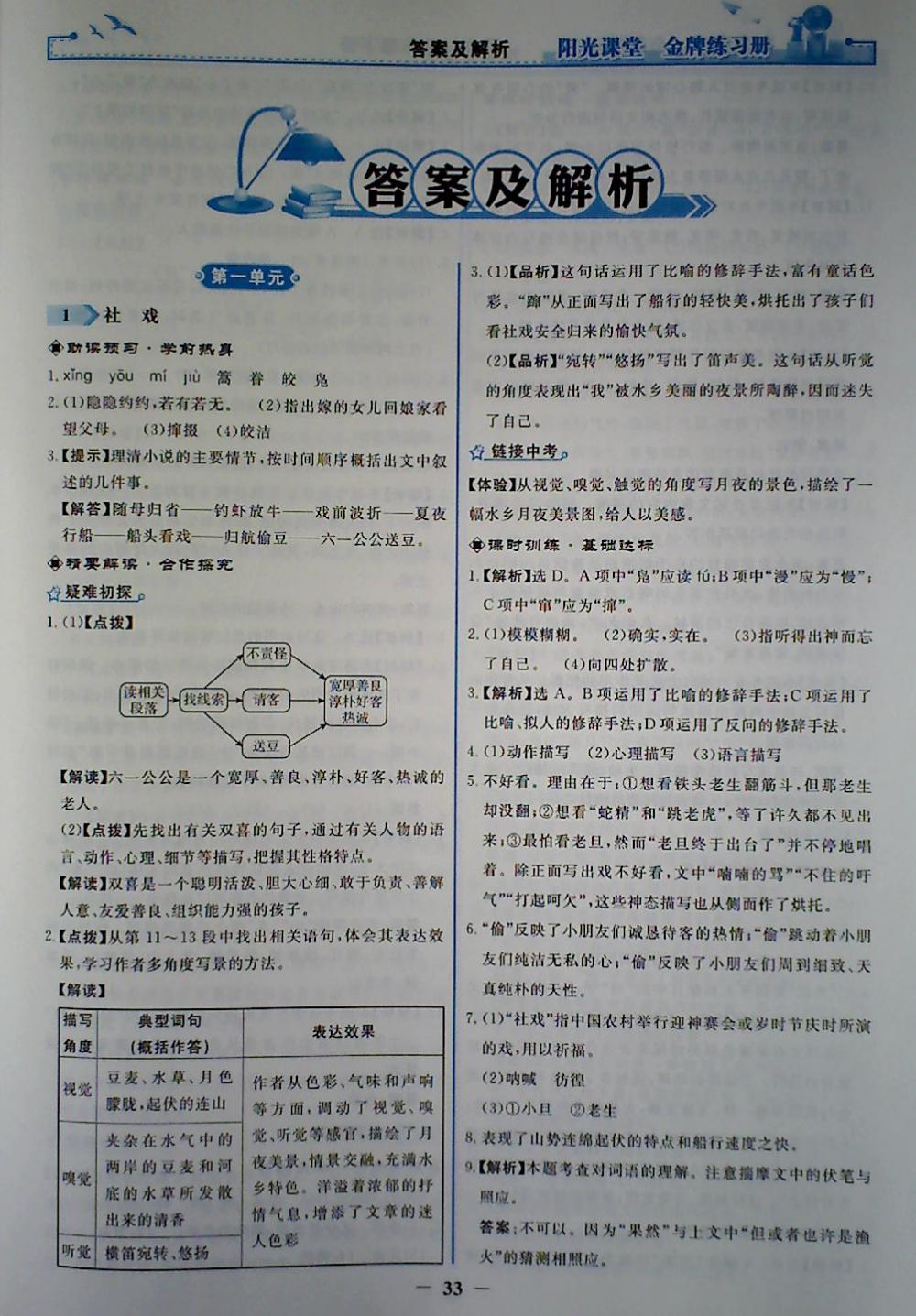 2018年阳光课堂金牌练习册八年级语文下册人教版答案