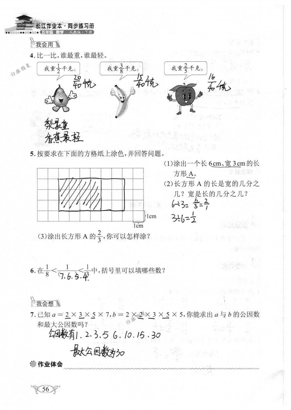 2018年长江作业本同步练习册五年级数学下册人教版 第56页