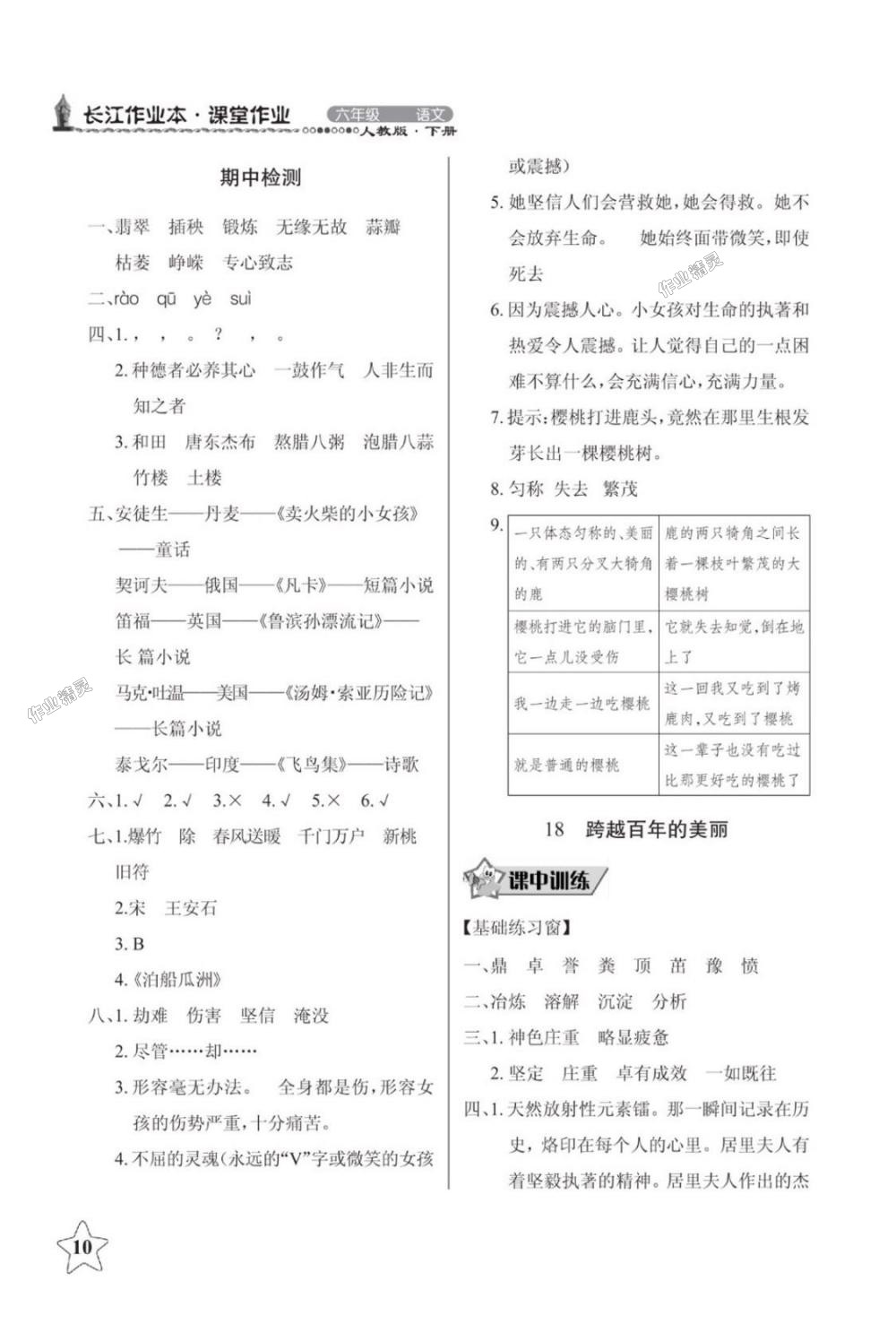 2018年长江作业本同步练习册六年级语文下册人教版 第10页