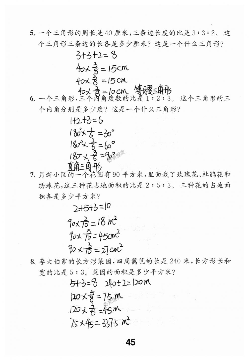 2018年数学补充习题六年级上册苏教版江苏凤凰教育出版社 第45页