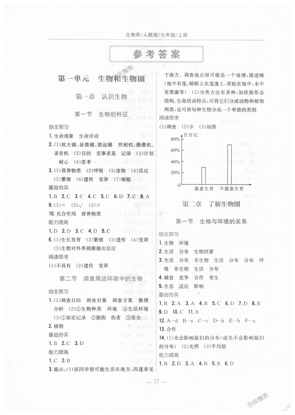 基础训练七年级生物学上册人教版 第1页 参考答案 分享练习册得积分