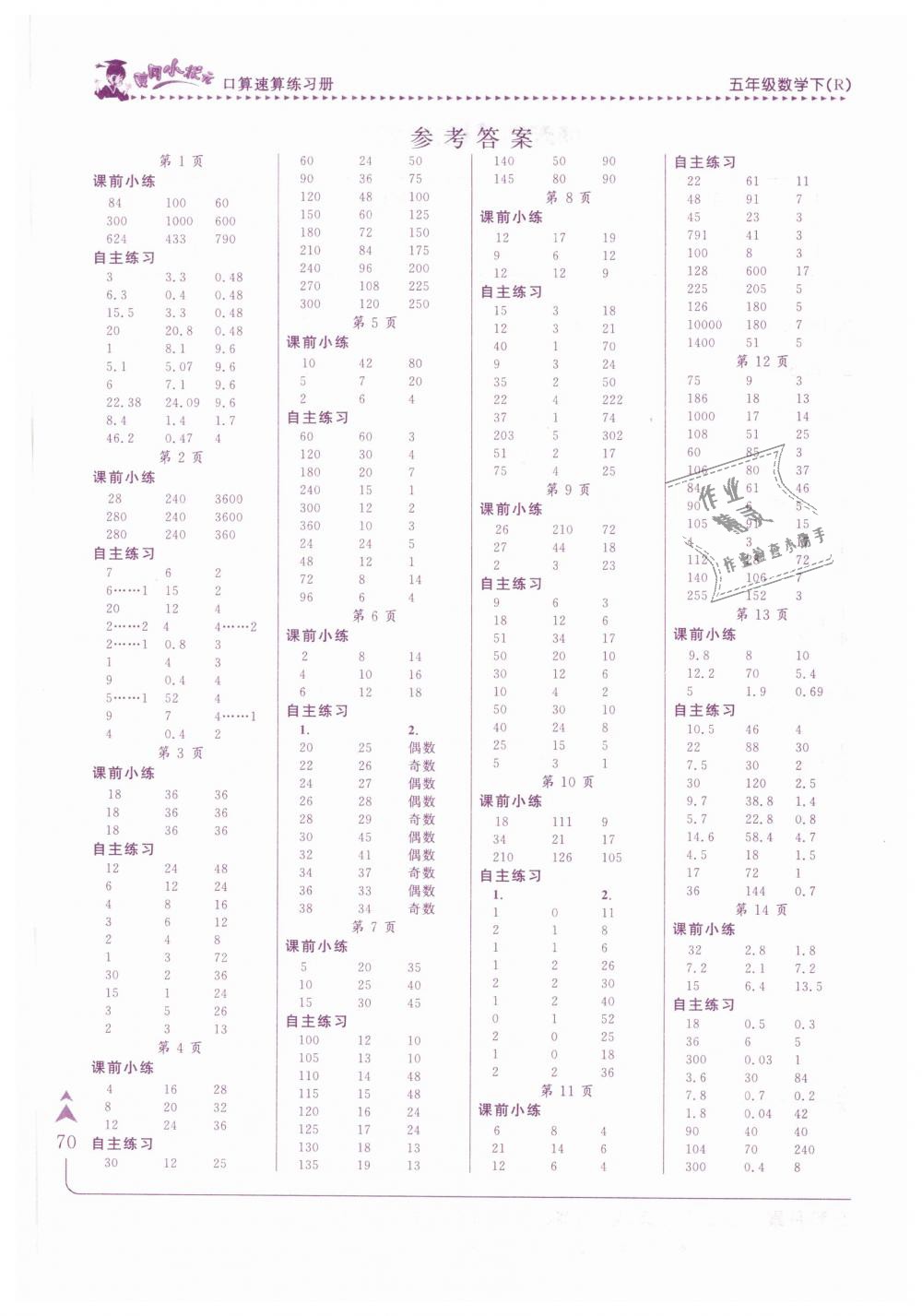 2019年黃岡小狀元口算速算練習(xí)冊五年級數(shù)學(xué)下冊人教版 第1頁