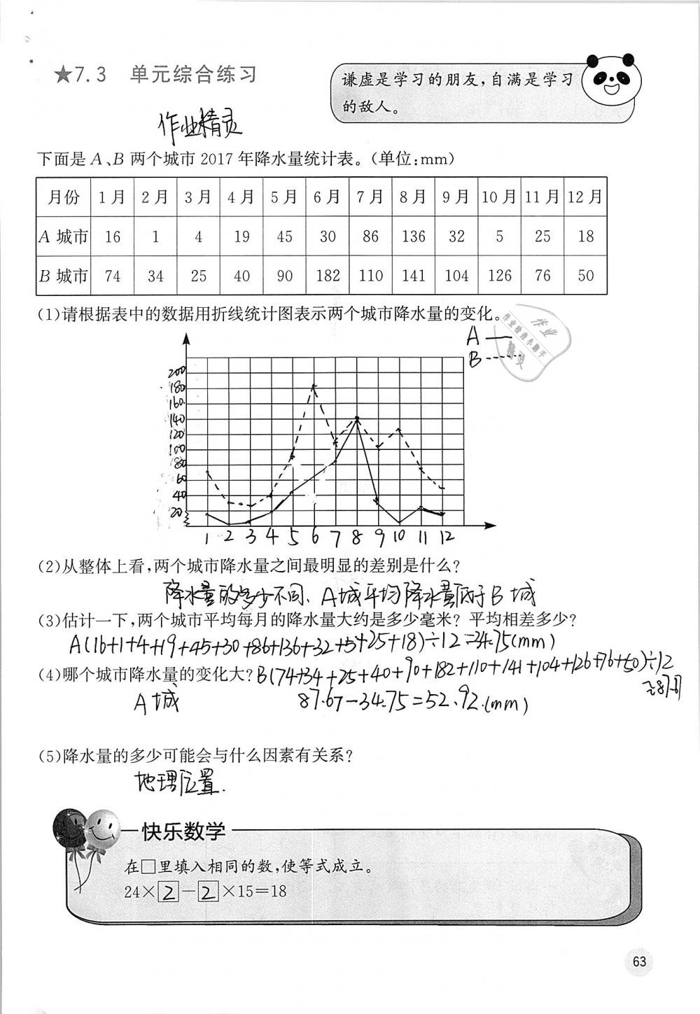 2019年快乐口算五年级数学下册人教版A版 参考答案第63页