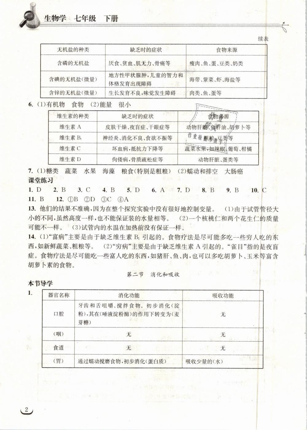 2019年長(zhǎng)江作業(yè)本同步練習(xí)冊(cè)七年級(jí)生物學(xué)下冊(cè)人教版 第2頁(yè)