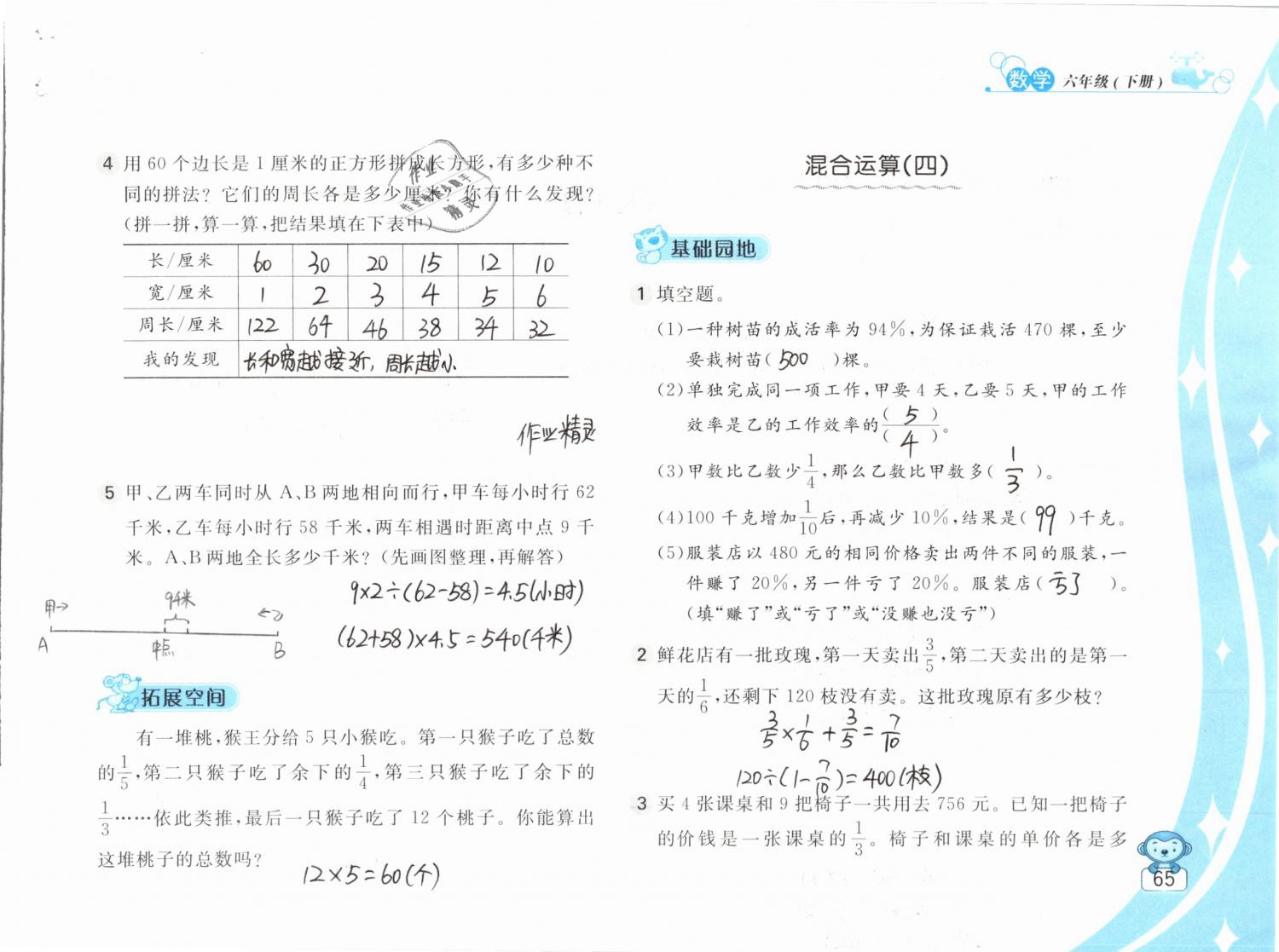2019年新编基础训练六年级数学下册苏教版 参考答案第65页