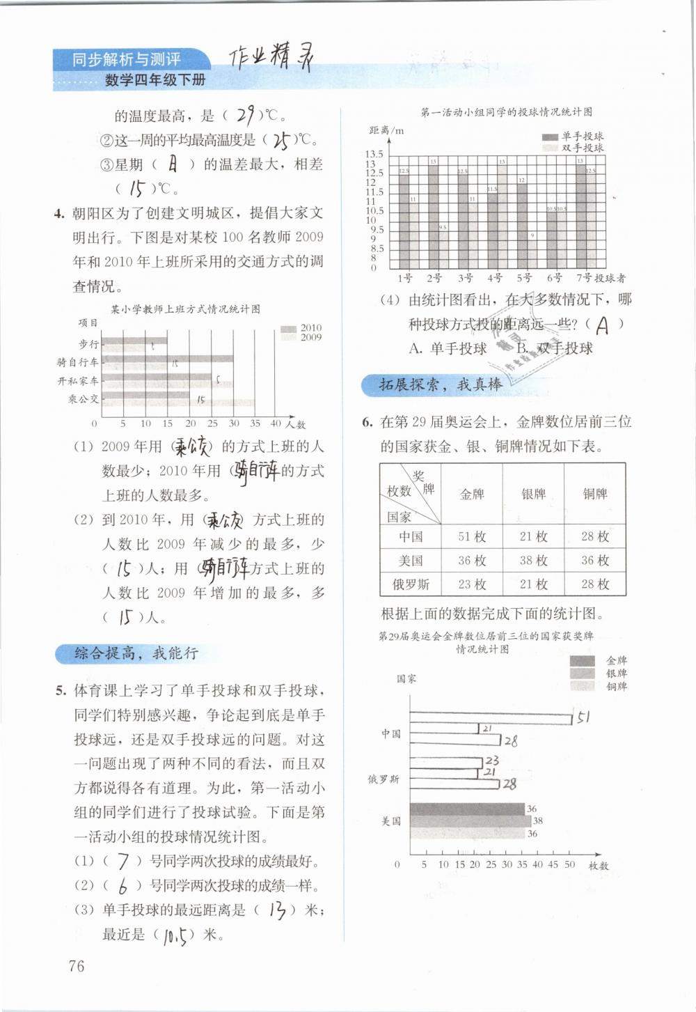 2019年人教金学典同步解析与测评四年级数学下册人教版 参考答案第76页