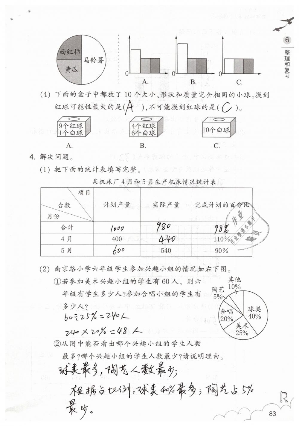 2019年数学作业本六年级下册人教版浙江教育出版社 第83页