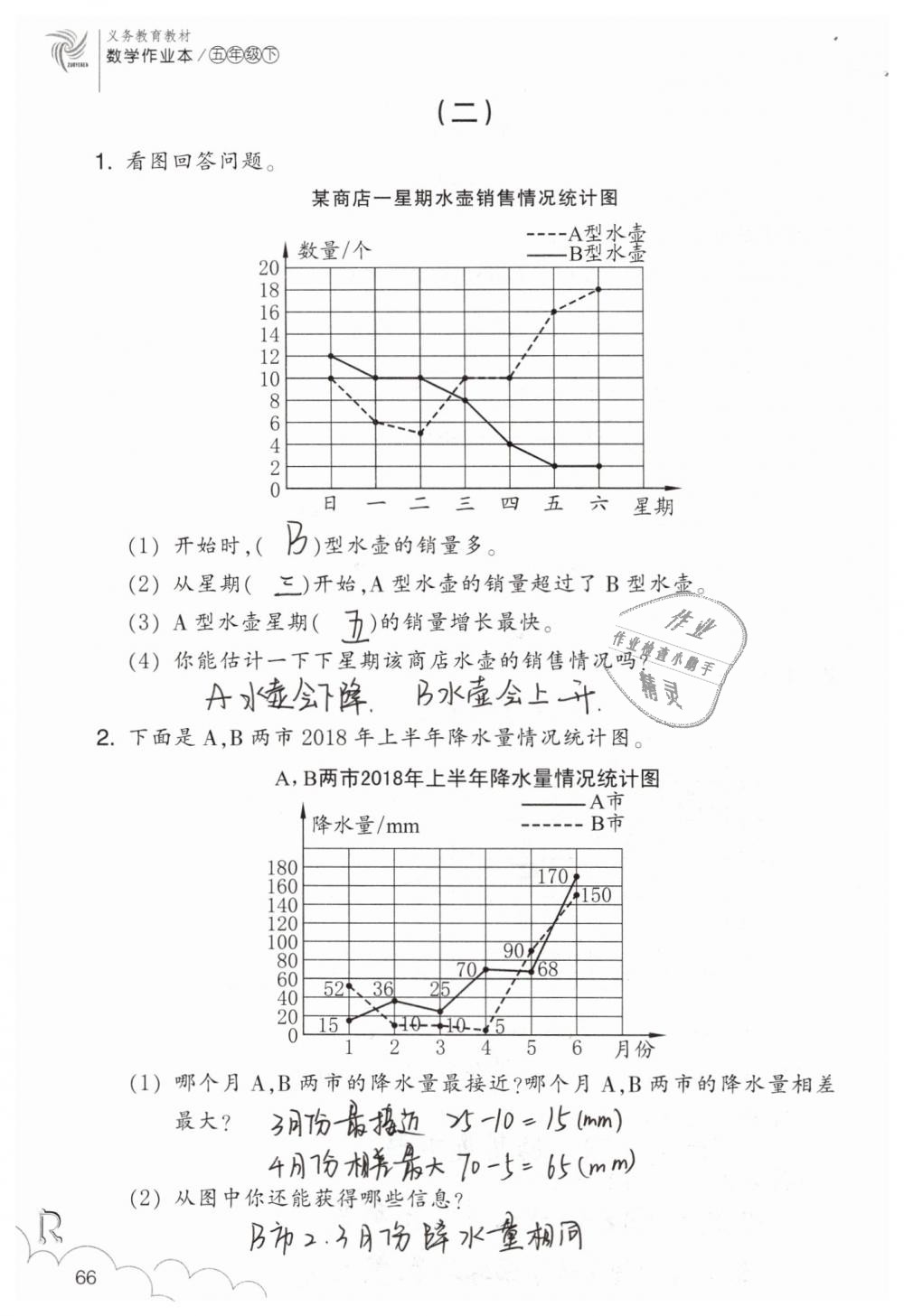 2019年数学作业本五年级下册人教版浙江教育出版社 第66页