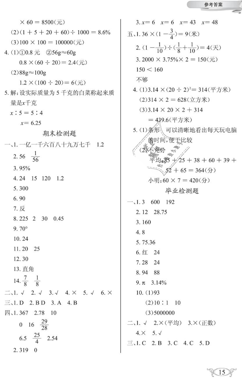 2019年长江作业本同步练习册六年级数学下册人教版 第15页