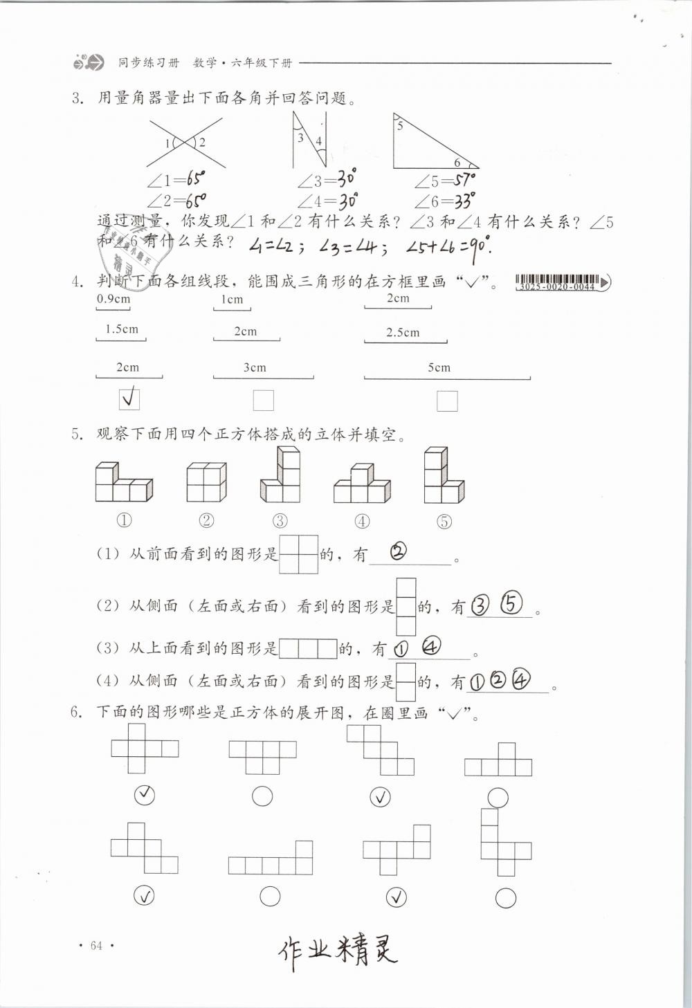 2019年同步练习册六年级数学下册冀教版河北教育出版社 参考答案第64页