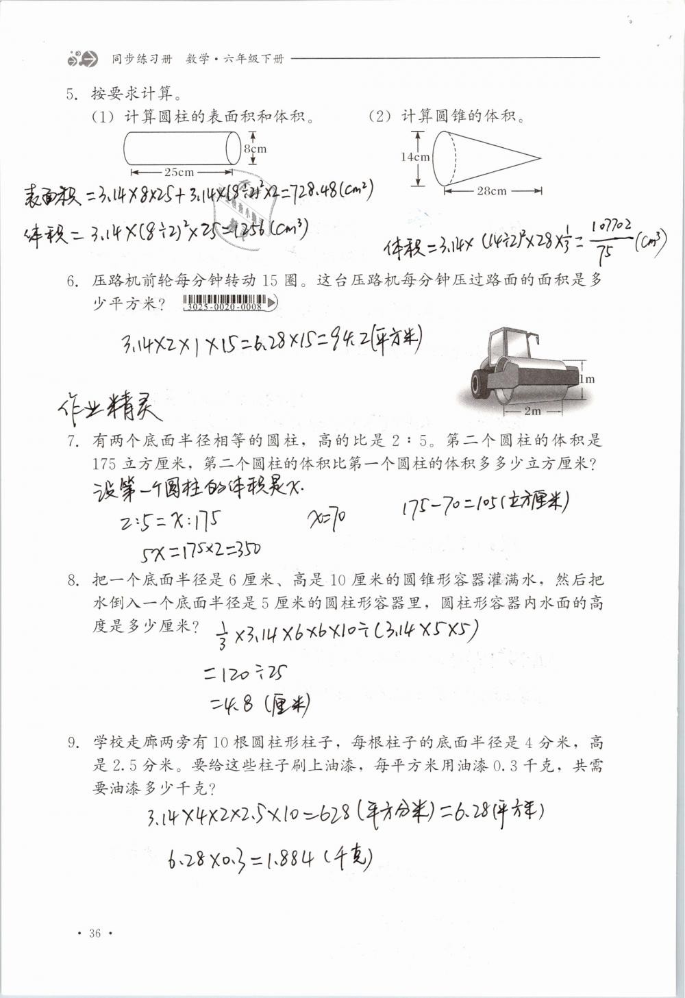 2019年同步练习册六年级数学下册冀教版河北教育出版社 参考答案第36页