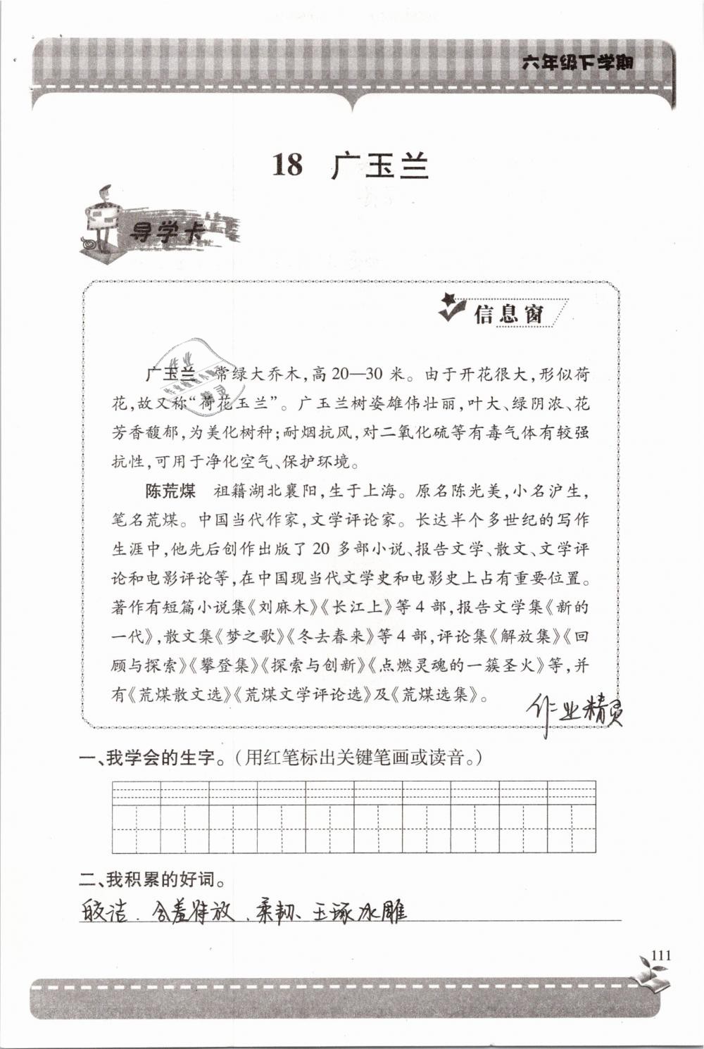 2019年新课堂同步学习与探究六年级语文下学期苏教版 参考答案第111页