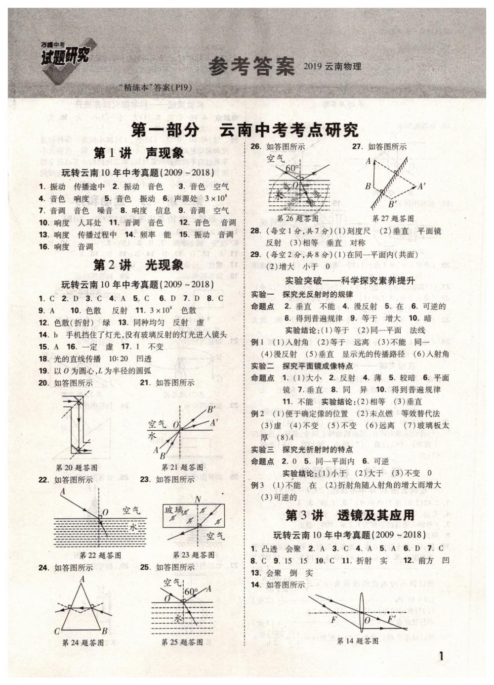 2019年万唯教育中考试题研究九年级物理云南专版答案—青夏教育精英