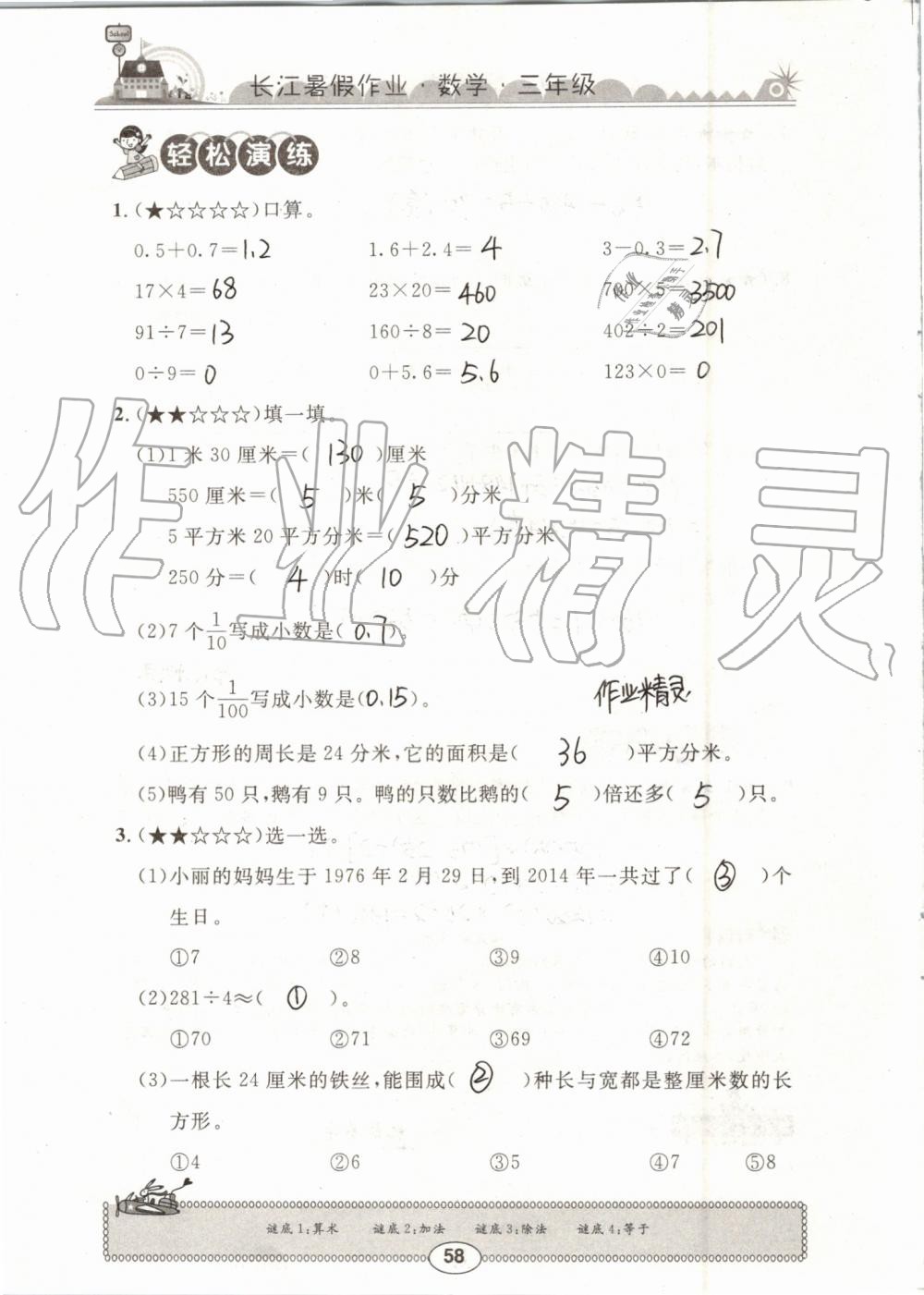 2019年长江暑假作业三年级数学崇文书局 第58页