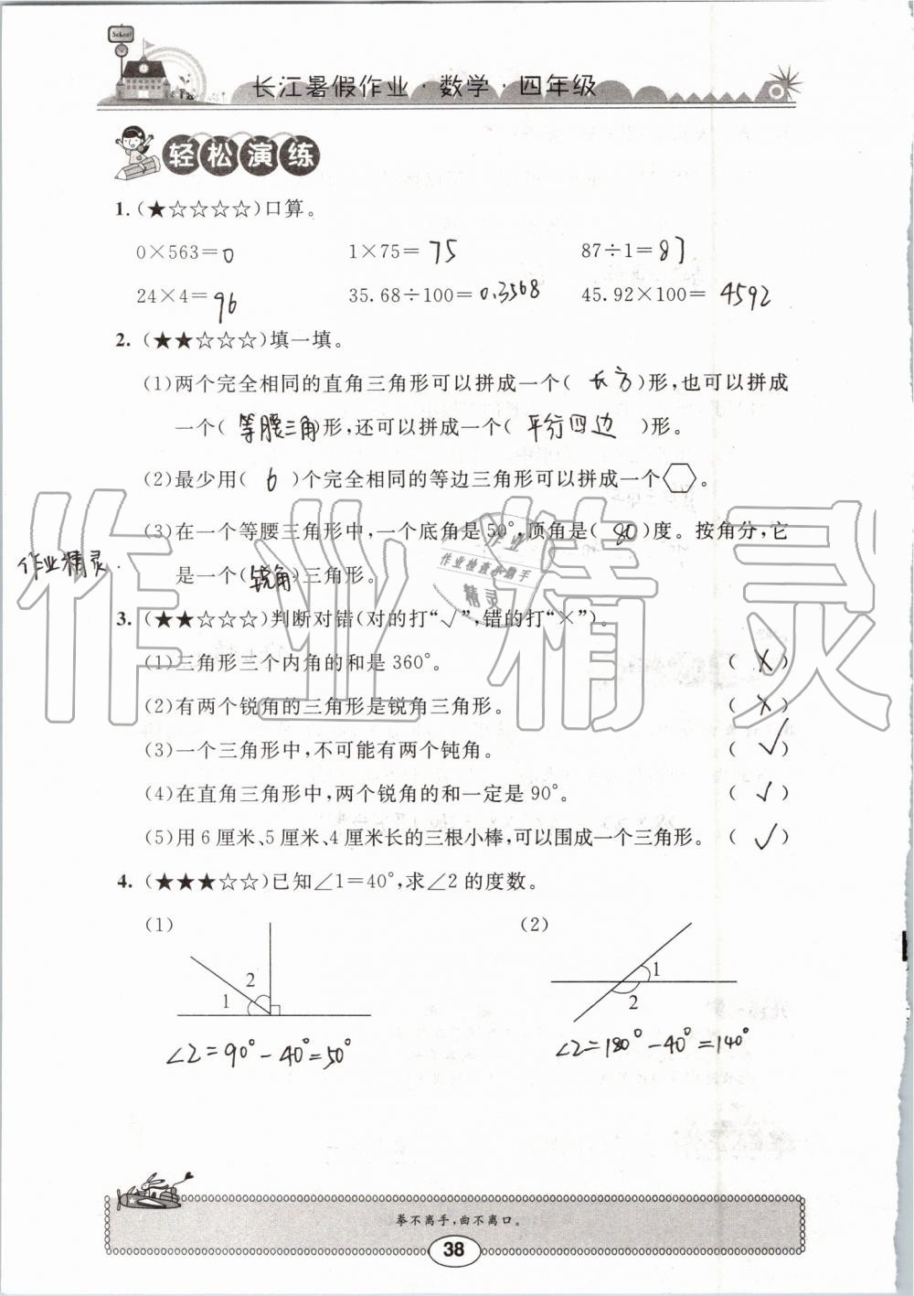 2019年长江暑假作业四年级数学崇文书局 第38页