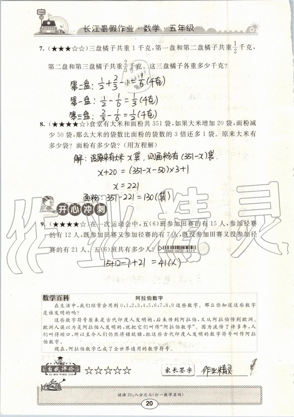 2019年长江暑假作业五年级数学崇文书局 第20页