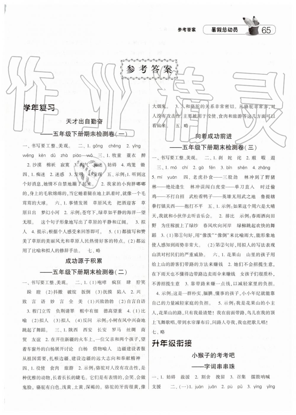2019年暑假总动员五年级语文人教版宁夏人民教育出版社 第1页