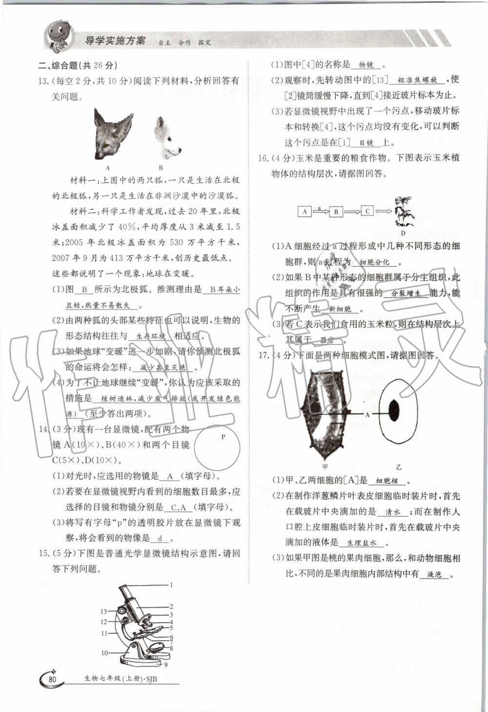 2019年金太陽導(dǎo)學(xué)案七年級(jí)生物上冊(cè)蘇教版 第80頁