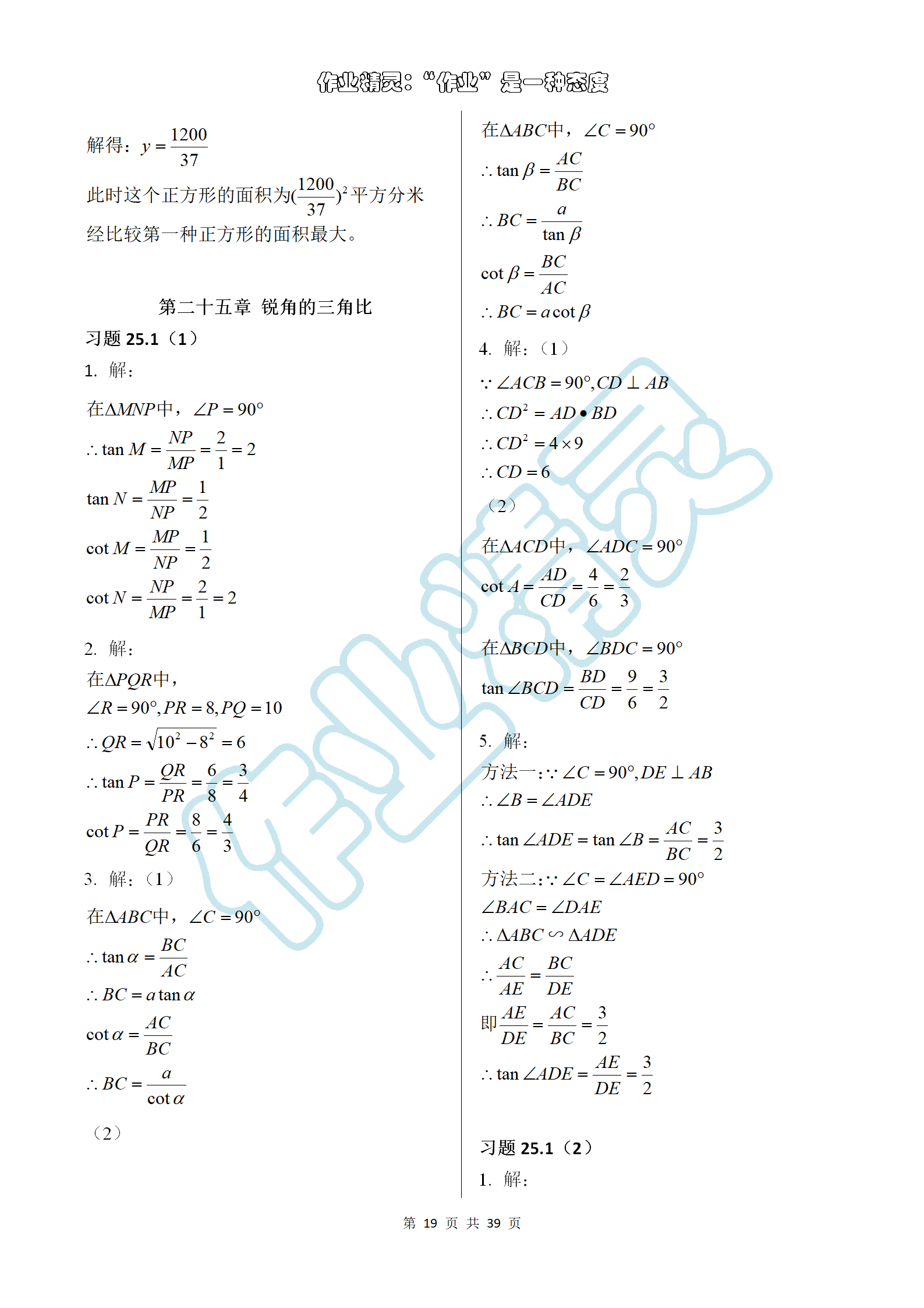 2019年数学练习部分九年级第一学期沪教版 第19页
