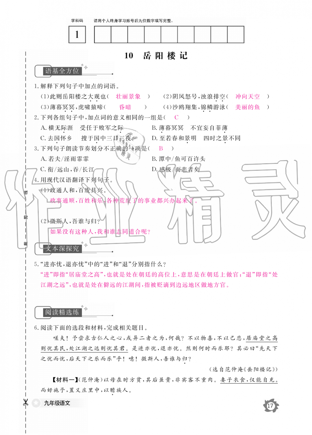 2019年语文作业本九年级全一册人教版江西教育出版社 第17页