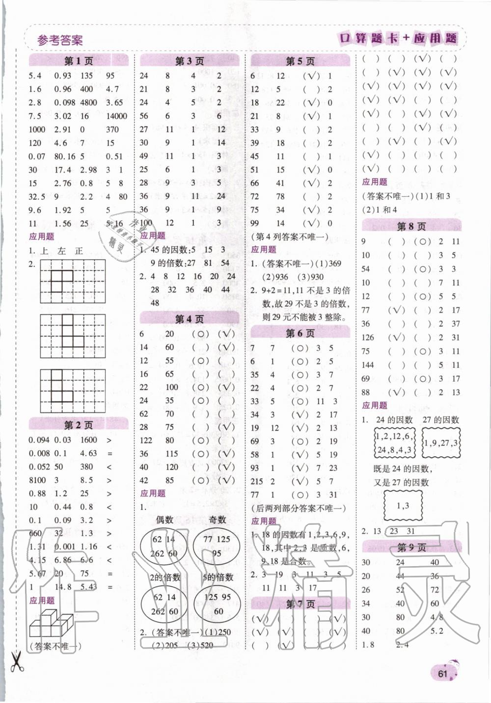 2020年口算题卡加应用题五年级数学下册人教版 第1页