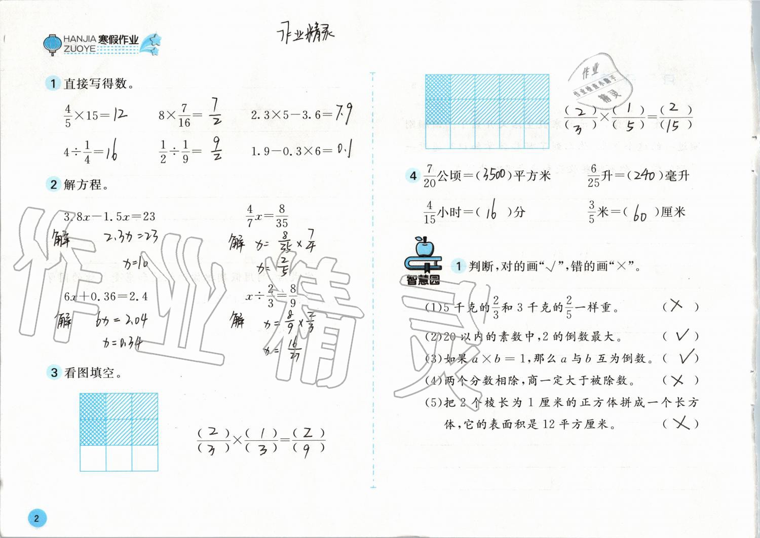 2020年寒假作业六年级数学苏教版安徽少年儿童出版社 第2页