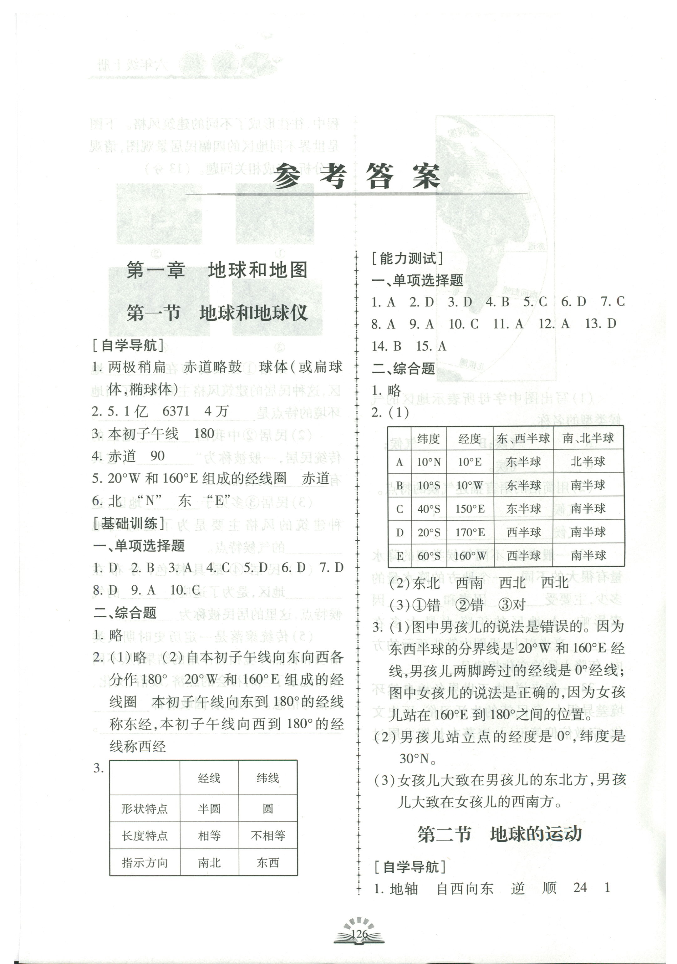 同步训练六年级地理鲁教版五四制青岛出版社所有年代上下册答案大全