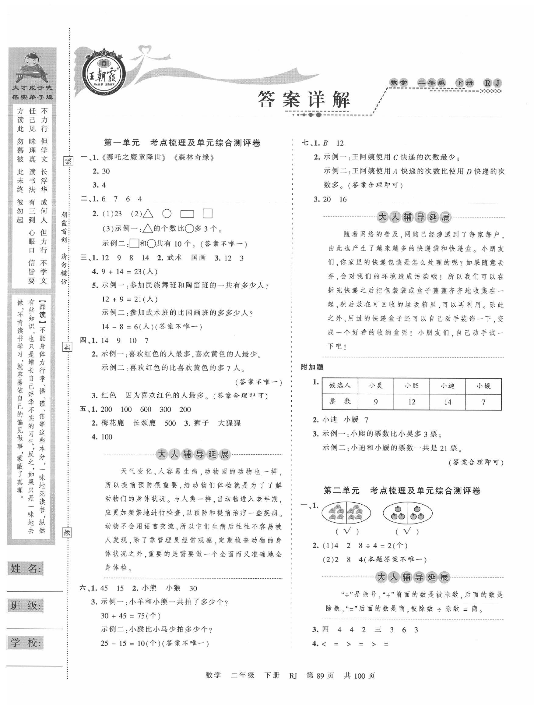 2020年王朝霞考点梳理时习卷二年级数学下册人教版