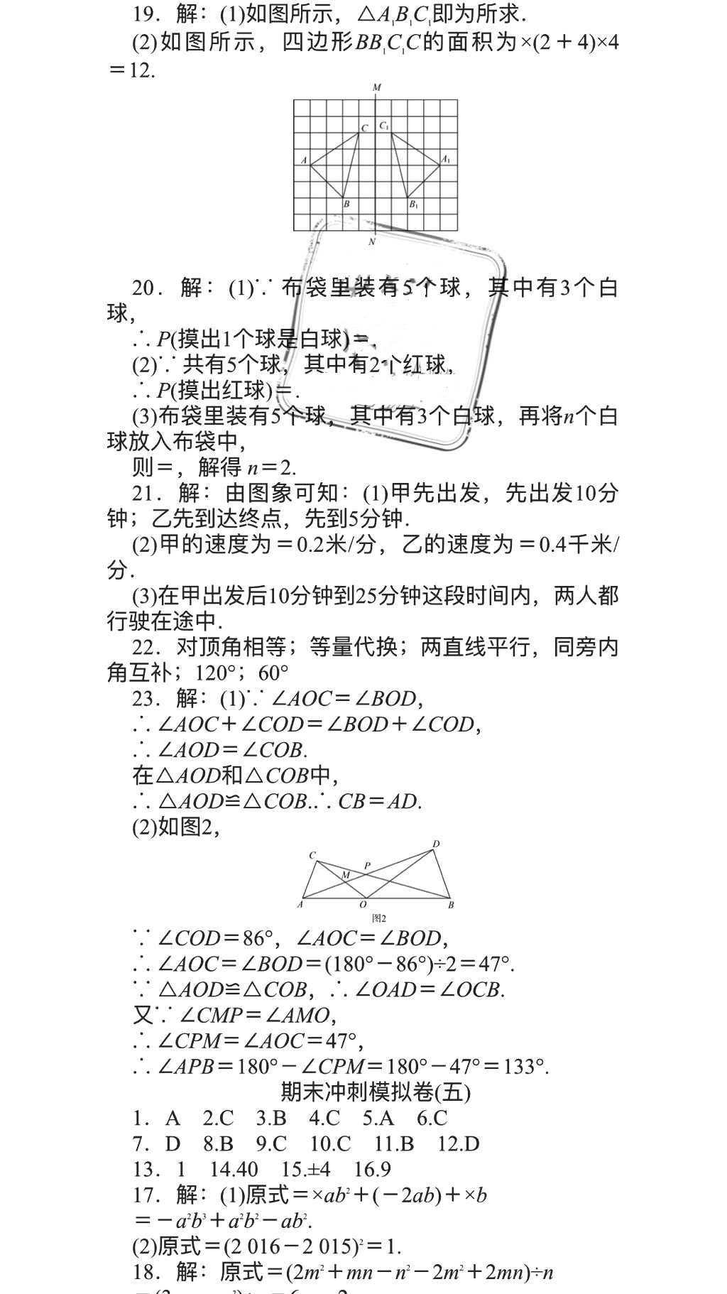 2018年春如金卷数学暑假作业本七年级天津科学技术出版社 参考答案第19页