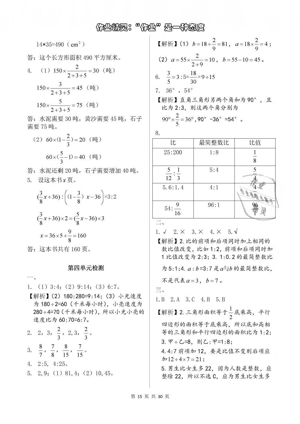 2018年长江作业本同步练习册六年级数学上册人教版 参考答案第15页