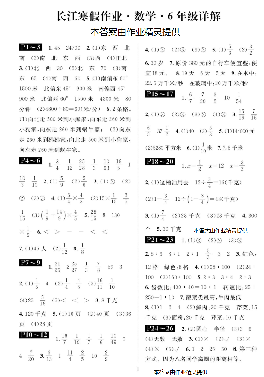 2019年2019年长江寒假作业数学六年级 参考答案第1页