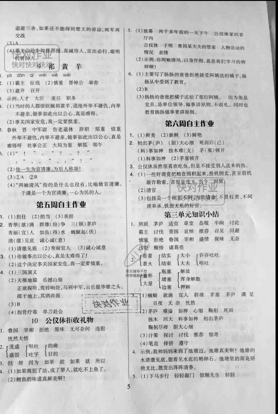 2019新思維伴你學(xué)四年級語文下冊人教版 參考答案第5頁