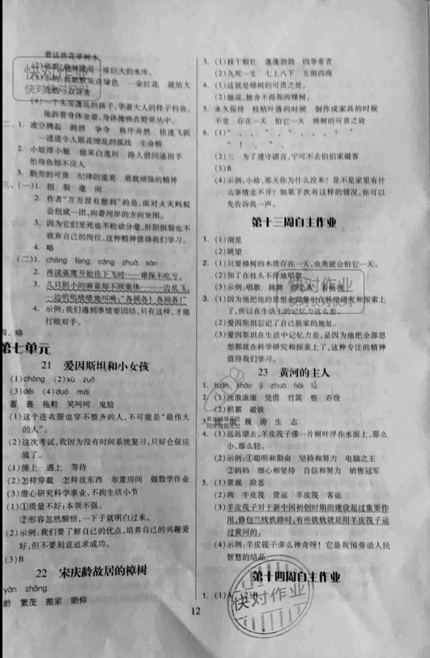 2019新思維伴你學(xué)四年級語文下冊人教版 參考答案第12頁