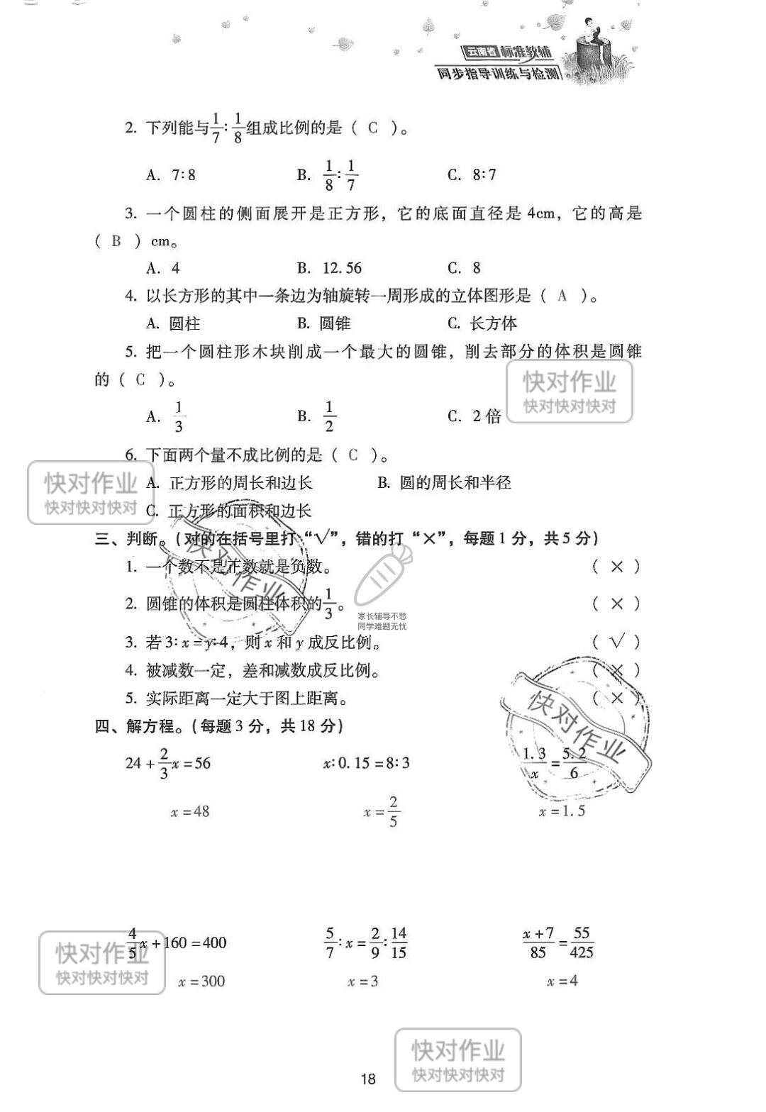 2019云南省同步指导训练与检测六年级数学下册人教版 参考答案第92页