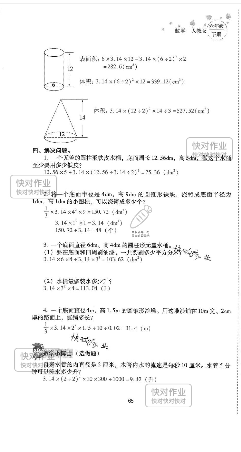 2019云南省同步指导训练与检测六年级数学下册人教版 参考答案第64页